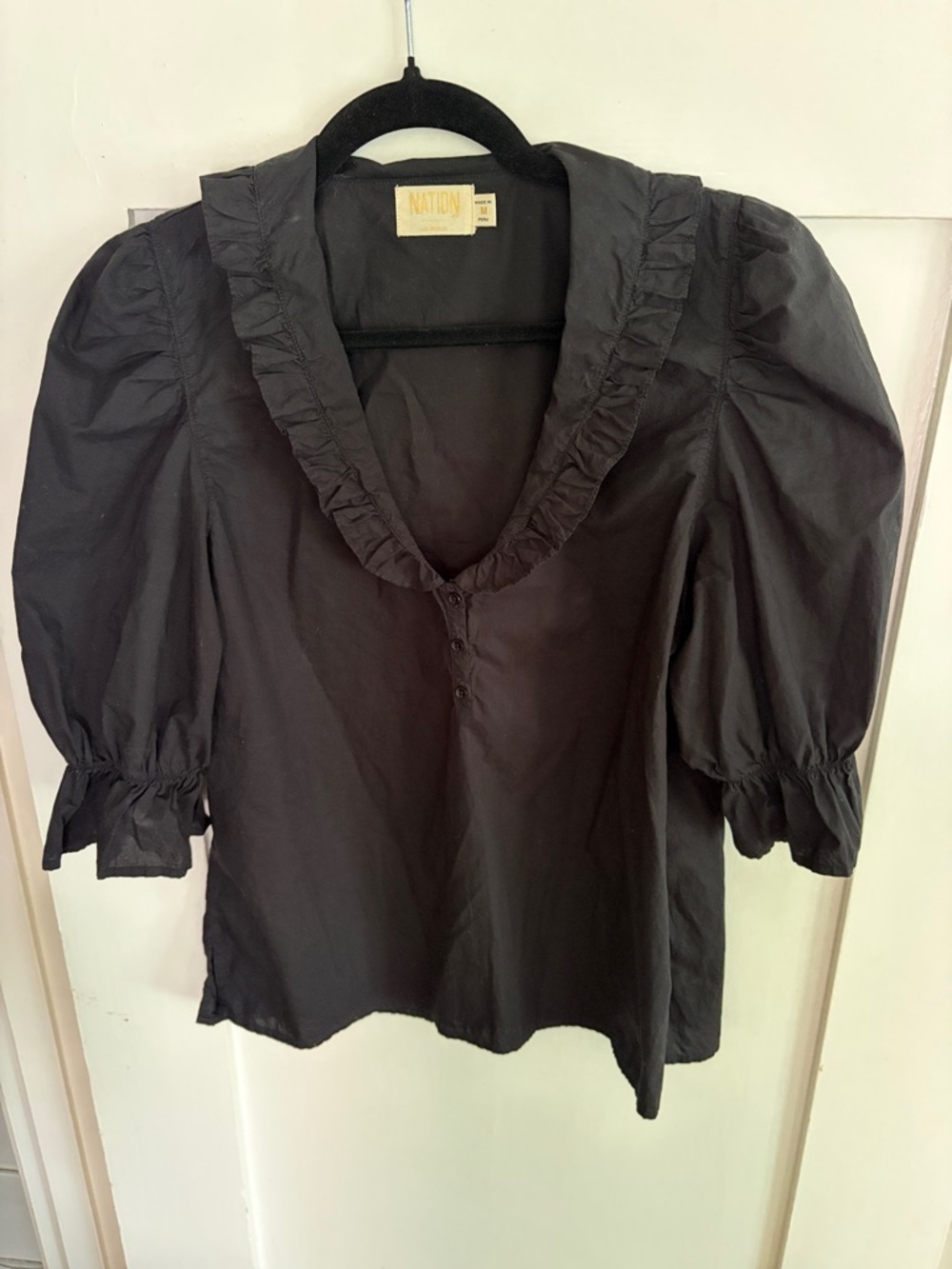 Nation LTD Black Ruffled V-Neck Puff Sleeve Top